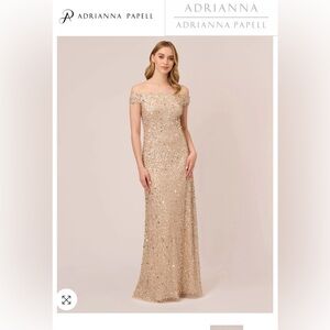 OFF THE SHOULDER SEQUIN BEADED GOWN IN CHAMPAGNE BY ADRIANNA PAPELL